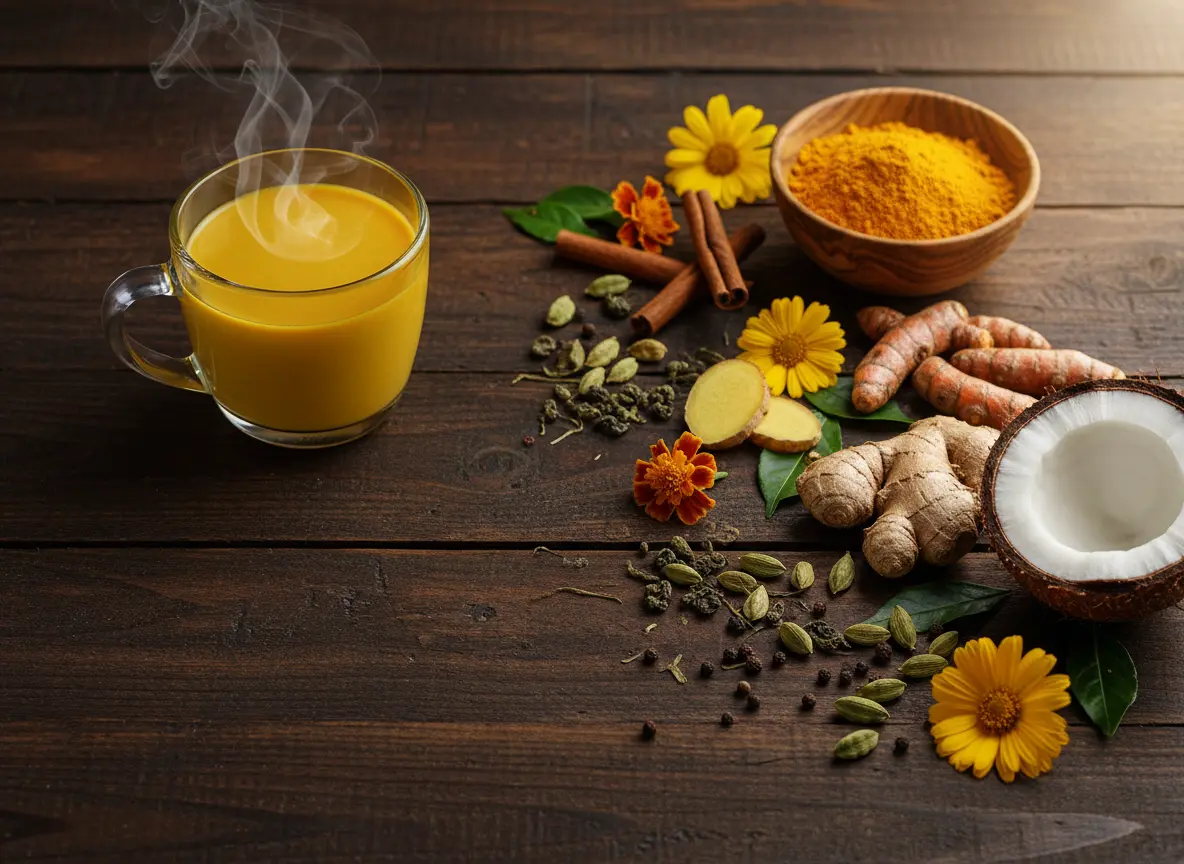 Ingredientes naturales GOLDEN FLX con cúrcuma orgánica, jengibre, cardamomo y leche de coco