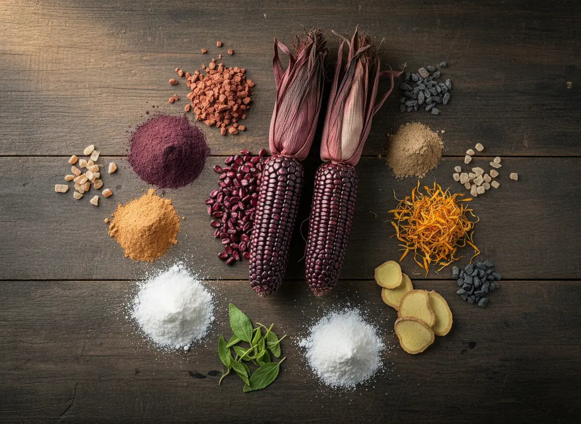 Ingredientes naturales VITAENERGIA FuXion con maíz morado, acai, camu-camu y minerales puros